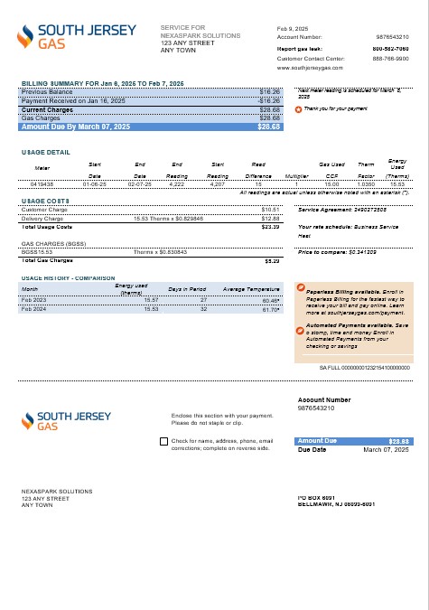 USA New Jersey South Jersey Gas business utility bill template in Word and PDF formats